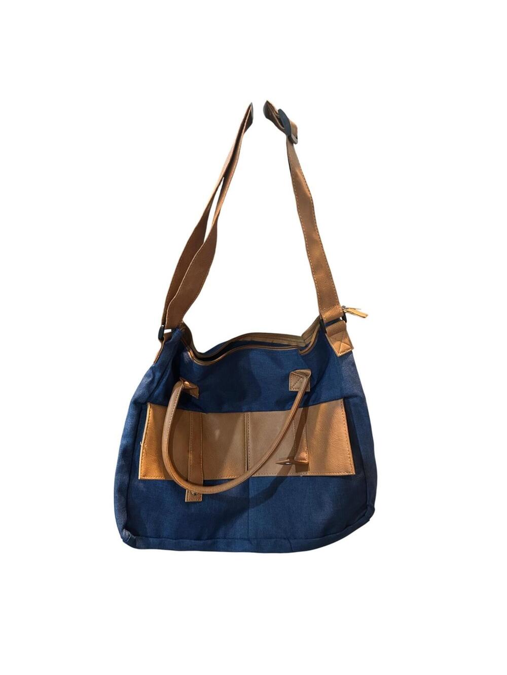 :) Blue Canvas Crossbody Bag with Tan Faux Leather Trim Shoulder Handbag [COPY]
